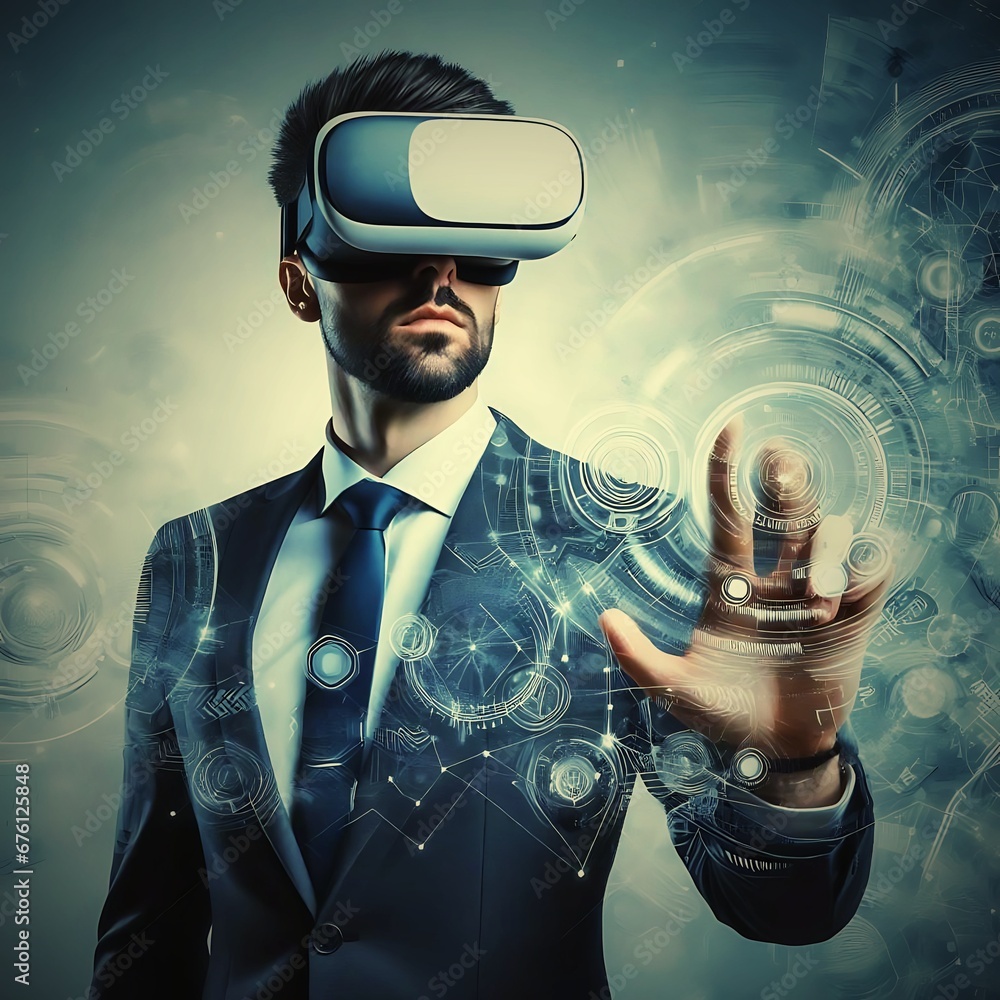 Man Virtual Reality VR Goggles Futuristic businessman. A suited man ...