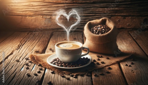 Romantic cup of coffee with heart shape smoke and coffee beans on burlap sack on old wooden background photo