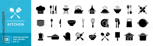 Collection of kitchen utensils icon, toaster, spatula, cooking utensils, cutlery, vector editable and resizable EPS 10