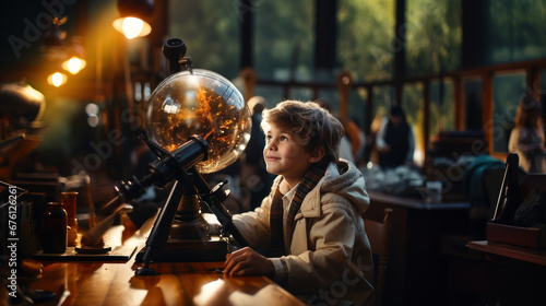 Little boy looking through a telescope at the world globe. Children exploring the world in science class. photo