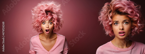 Two different portraits of shocked young woman with pink hair looking at camera on pink background. © AS Photo Family