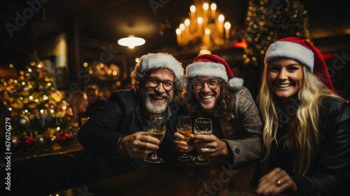 Goup of three friends celebrating christmas at the bar.