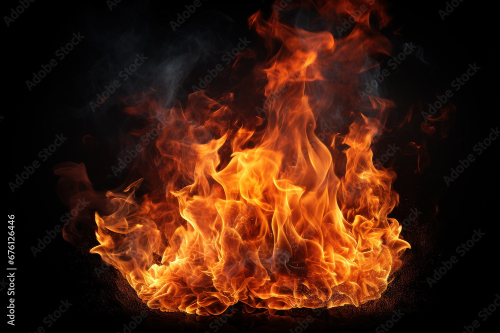 Fire flame and smoke at night, abstract burning pattern isolated on black background. Concept of texture, nature, campfire, bonfire, fireplace Fire flame and smoke at night, abstract burning pattern isolated on black background. Concept of texture, nature, campfire, bonfire, fireplace