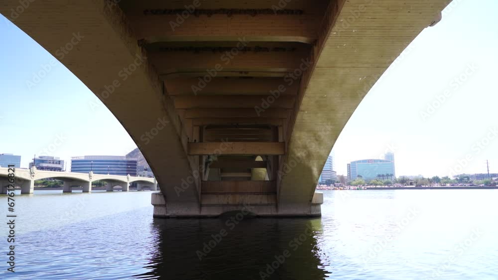 Tempe Town Lake Bridges in Tempe Arizona, America, USA. A beautiful spot to see the Temps skyline and two bridges crossing the town lake.