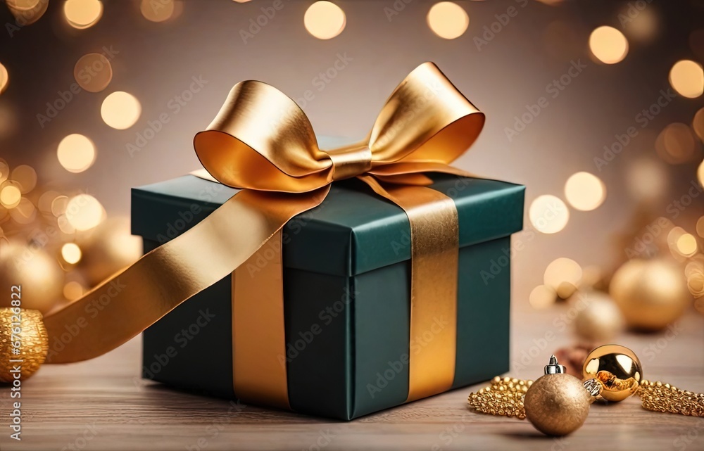 Christmas gift box with golden bow and decoration on bokeh background Christmas gift box with golden bow and decoration on bokeh background