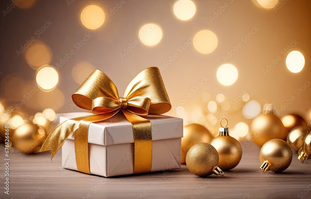 Christmas gift box with golden bow and decoration on bokeh background Christmas gift box with golden bow and decoration on bokeh background