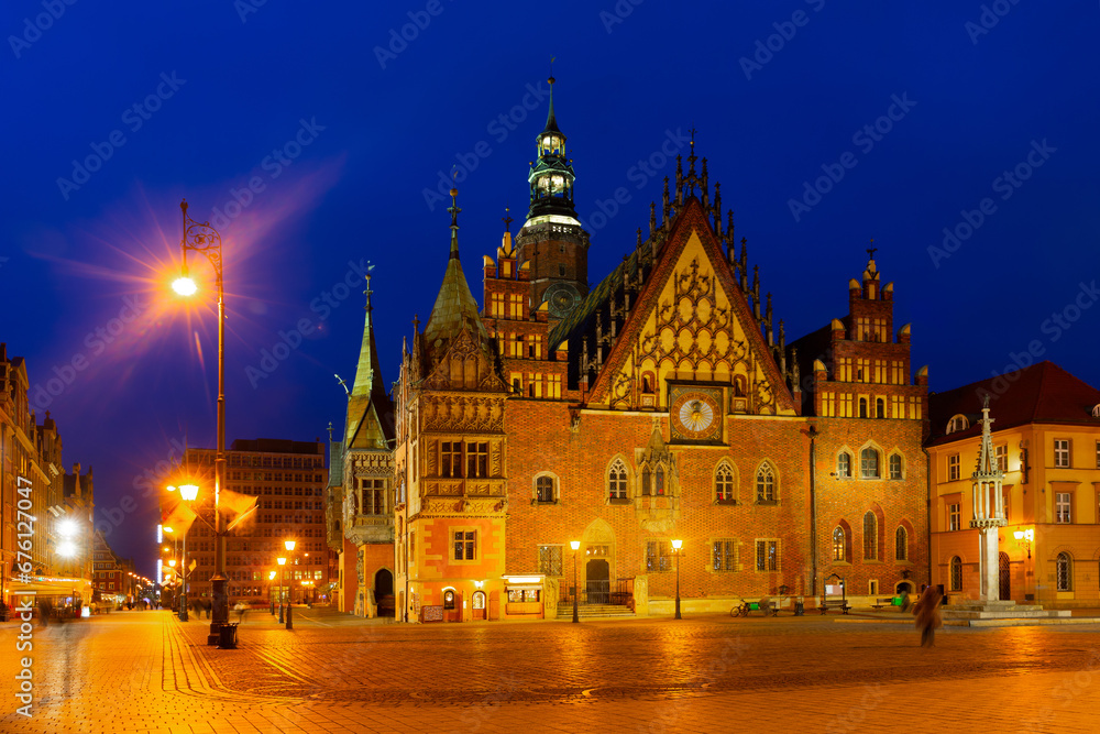 Town Hall in the Market square at night. Wroclaw. Poland