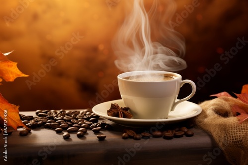 Create a captivating and autumn-themed setup. Shot of cup of hot coffee