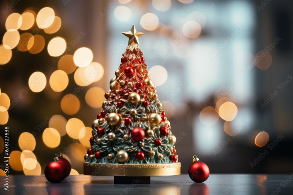 Decorative mini Christmas tree. Merry Christmas and Happy New Year concept. Background with copy space