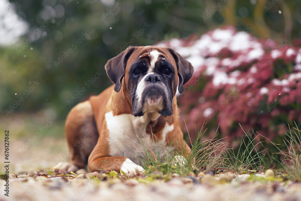 Cute fawn and white Boxer dog posing outdoors in a garden lying down on stones while snowing in autumn Cute fawn and white Boxer dog posing outdoors in a garden lying down on stones while snowing in autumn