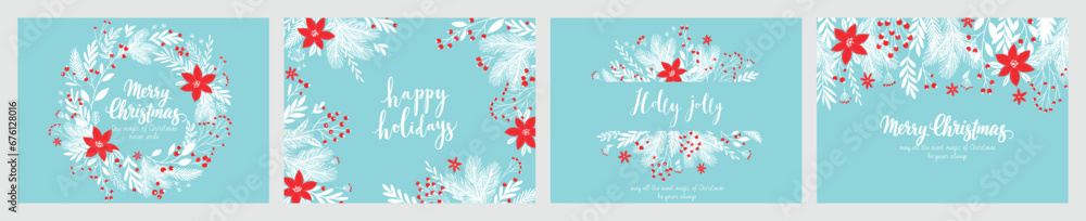 Christmas card set - hand drawn floral flyers. Lettering with Christmas decorative elements. - obrazy, fototapety, plakaty 