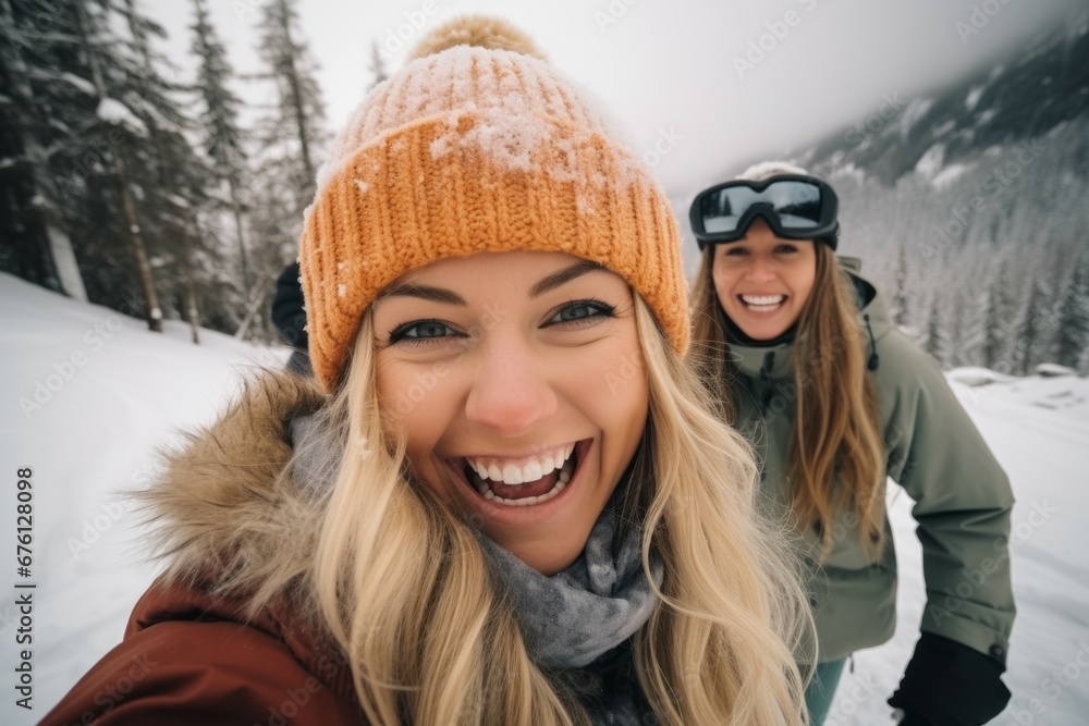 Woman with friend on winter holidays in the mountains. Merry Christmas and Happy New Year concept. Portrait Woman with friend on winter holidays in the mountains. Merry Christmas and Happy New Year concept. Portrait