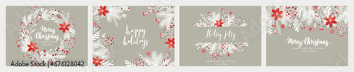 Christmas card set - hand drawn floral flyers. Lettering with Christmas decorative elements.