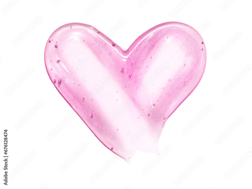 Pink lipstick shimmering texture in heart shape, texture stroke isolated on white background. Cosmetic product smear smudge swatch Pink lipstick shimmering texture in heart shape, texture stroke isolated on white background. Cosmetic product smear smudge swatch