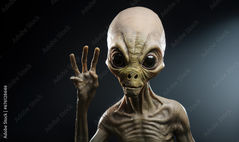 Un alien nous salue en faisant un signe de bonjour avec sa main Un alien nous salue en faisant un signe de bonjour avec sa main