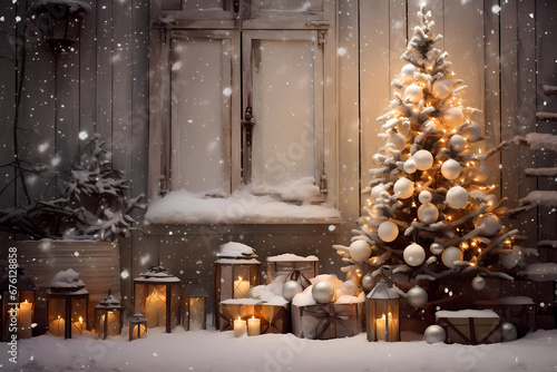 Winter Romance  Snow-Dusted Christmas Tree on Wooden Backdrop with Light Brown and Gold Accents