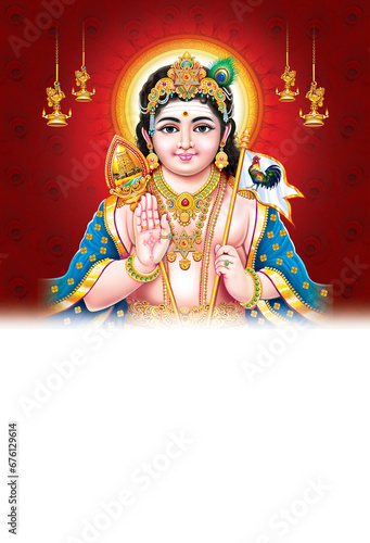 Hindu god murugan blessing with seval kodi and vel, Muruga, Shanmuga, Murugan digital art
 photo