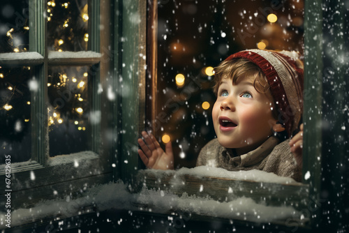 Winter wonderland: A child looks out a window the snow fall, filled with wonder and joy. Celebrating the Christmas season with excitement. photo