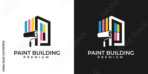 Painting logo initial P with building or house design. Painting House logo Modern colorful painting services logo vector. Logo design of painting, house, building, office, exterior, interior.