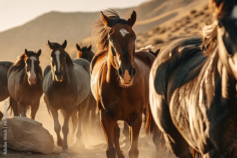 Beautiful brown horse on the background of a herd of wild horse