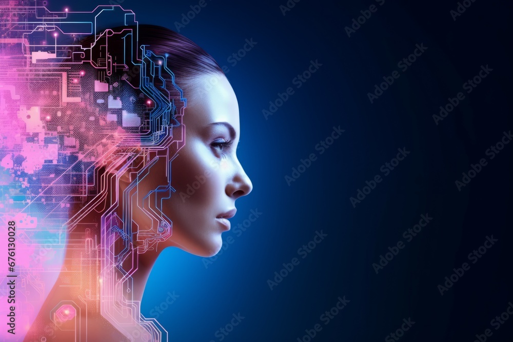 Artificial intelligence in humanoid head with neural network thinks. AI with Digital Brain is learning processing big data, analysis information. Face of cyber mind Artificial intelligence in humanoid head with neural network thinks. AI with Digital Brain is learning processing big data, analysis information. Face of cyber mind