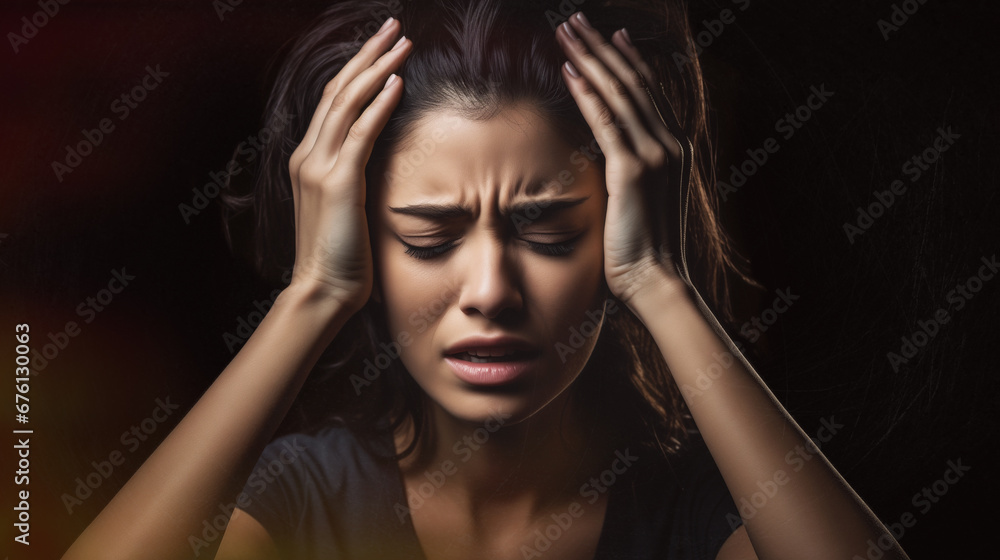 Portrait of a brunette female holding her head in pain. Headache , migraine , stressed , depression concept Portrait of a brunette female holding her head in pain. Headache , migraine , stressed , depression concept