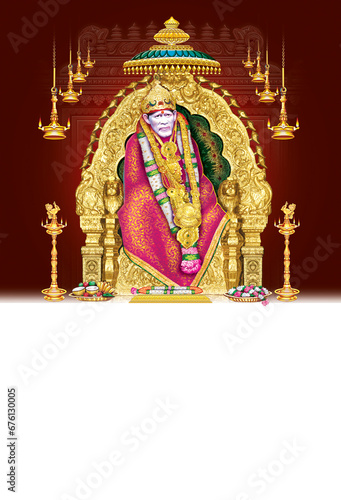 Shiridi Sai Baba on a golden throne photo
