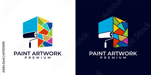 Paint roller logo with building or house design. Modern colorful painting services logo vector. Mosaic painting building. Logo design of painting, house, building, office, outdoor, indoor, mosaic.