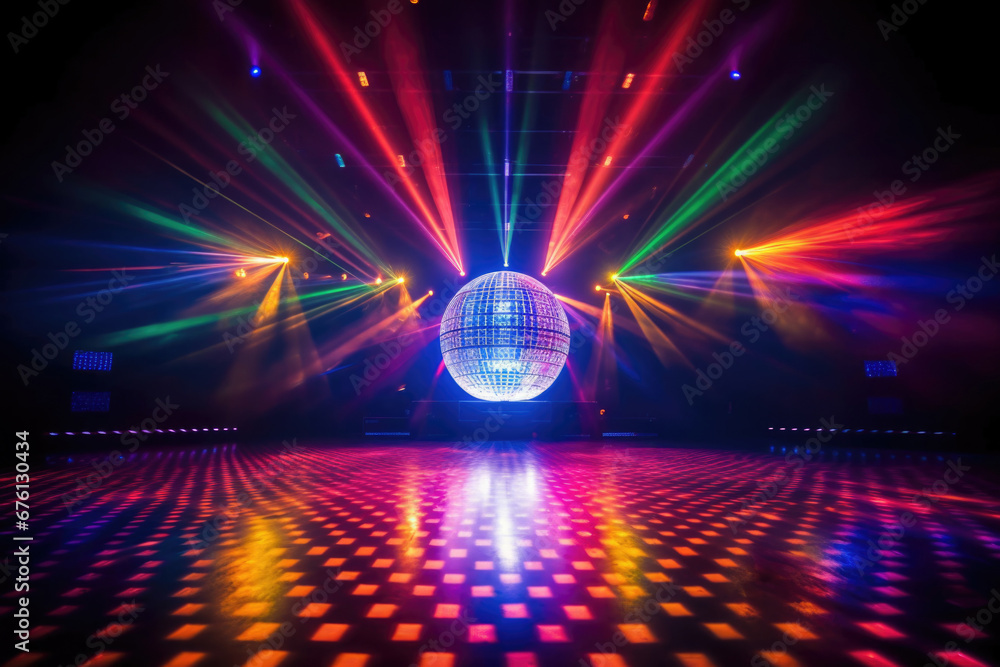 A concert dance stage of the 70s disco era with a shimmering disco ball and neon lights - obrazy, fototapety, plakaty 