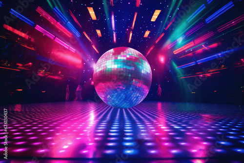 A concert dance stage of the 70s disco era with a shimmering disco ball and neon lights