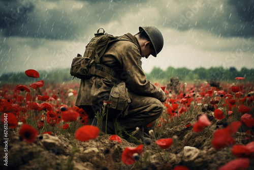 A soldier sitting in a field of poppies remembering those who lost their lives for peace during war