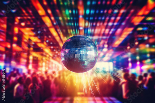 A concert dance stage of the 70s disco era with a shimmering disco ball and neon lights