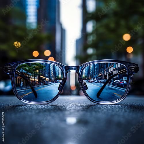 Spectrum of Sight: Sharpness and Definition in Eyewear - GLASSES, CITY, STREET, SKYSCRAPERS, FRAMES, CLARITY [created with generative AI technology]