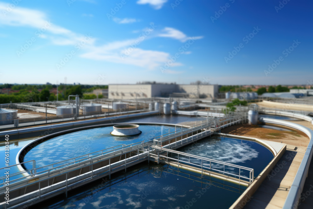 An industrial wastewater treatment plant is depicted in operation, purifying water prior to its release. Generative Ai.