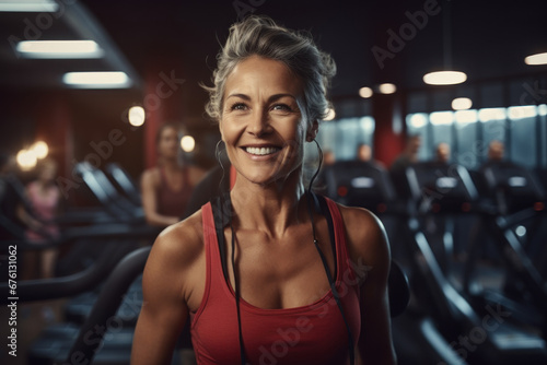 A middle-aged woman stands in a fitness studio, expressing her active lifestyle and camaraderie with friends, often associated with sports activities. Generative Ai.