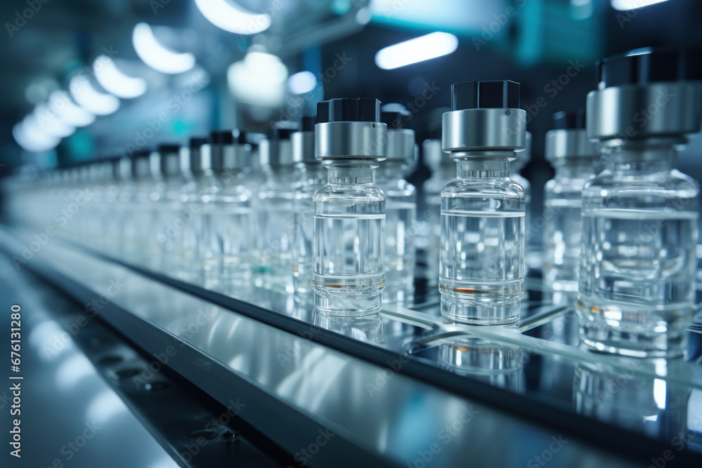 Medical vials move along a production line in a pharmaceutical factory, depicting the operation of pharmaceutical machinery in the production of glass bottles. Generative Ai. Medical vials move along a production line in a pharmaceutical factory, depicting the operation of pharmaceutical machinery in the production of glass bottles. Generative Ai.