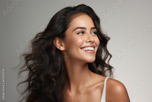 A close-up portrait captures a beautiful young Asian Indian model woman with a radiant smile and clean teeth, ideal for dental advertisements, set against a light background. Generative Ai. photo