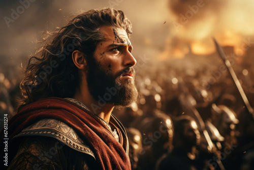 An illustration portrays biblical King David on the battlefield, reflecting Christian themes and concepts from the Old Testament. Generative Ai.