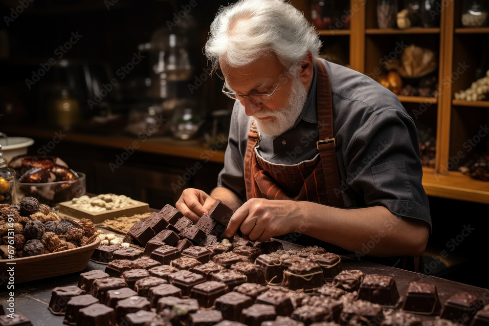 An expert chocolatier handcrafts a delectable assortment of chocolates, each piece a work of edible art. Chocolate making and confectionery. Generative Ai.