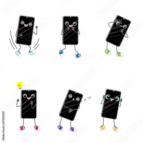 set de ilustraciones de personaje de celular con diferentes poses, caras y situaciones 