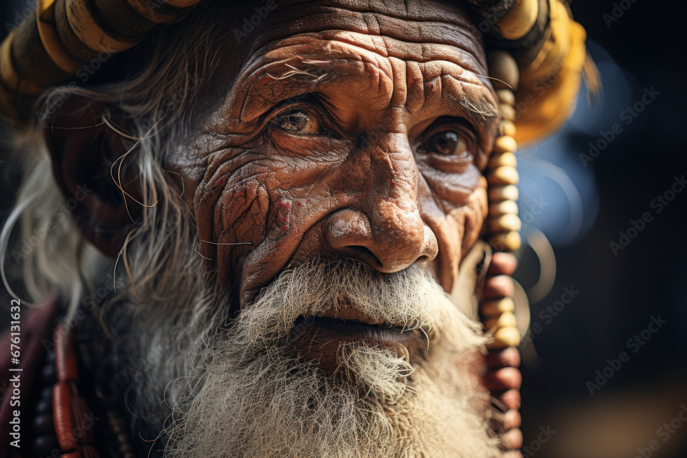A wise elder from a remote tribal village, adorned in traditional attire, shares stories of their rich cultural heritage, embodying the wisdom of generations. Generative Ai.