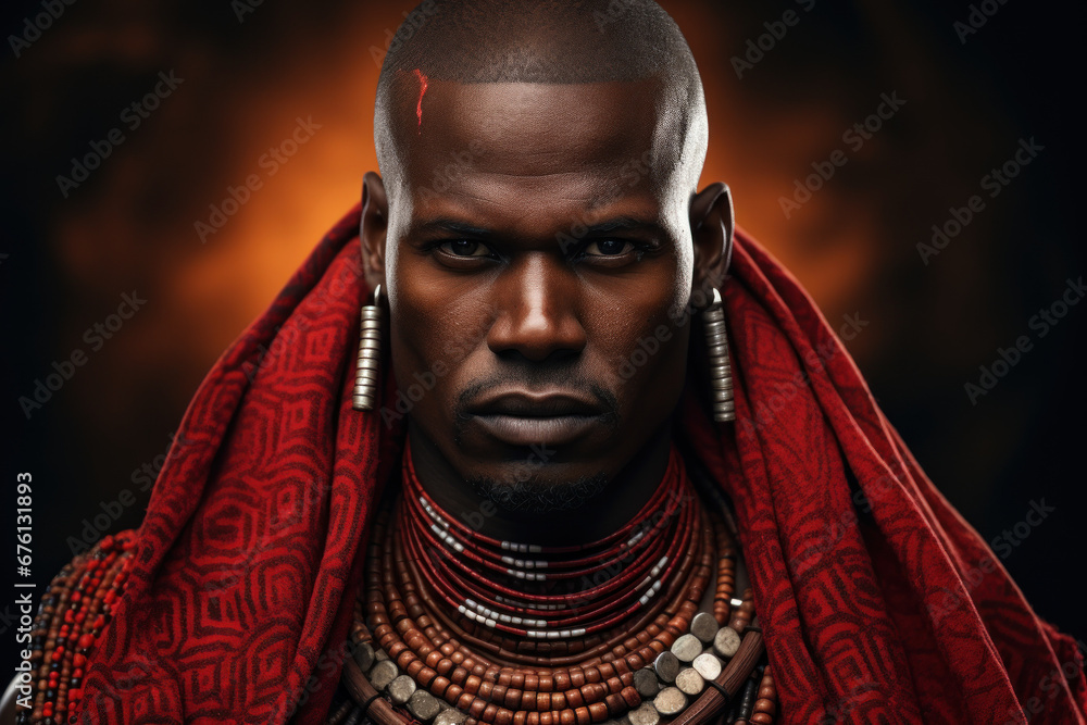 A resilient Maasai warrior from Kenya, adorned in traditional attire and jewelry, symbolizes the strength and endurance of African heritage. Generative Ai. A resilient Maasai warrior from Kenya, adorned in traditional attire and jewelry, symbolizes the strength and endurance of African heritage. Generative Ai.