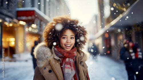 happy smiling afro american woman on the street with christmas decorations, ai generated