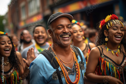 A jubilant parade featuring people of all ages and backgrounds celebrating a cultural festival, highlighting the unity in diversity within a community. Generative Ai.