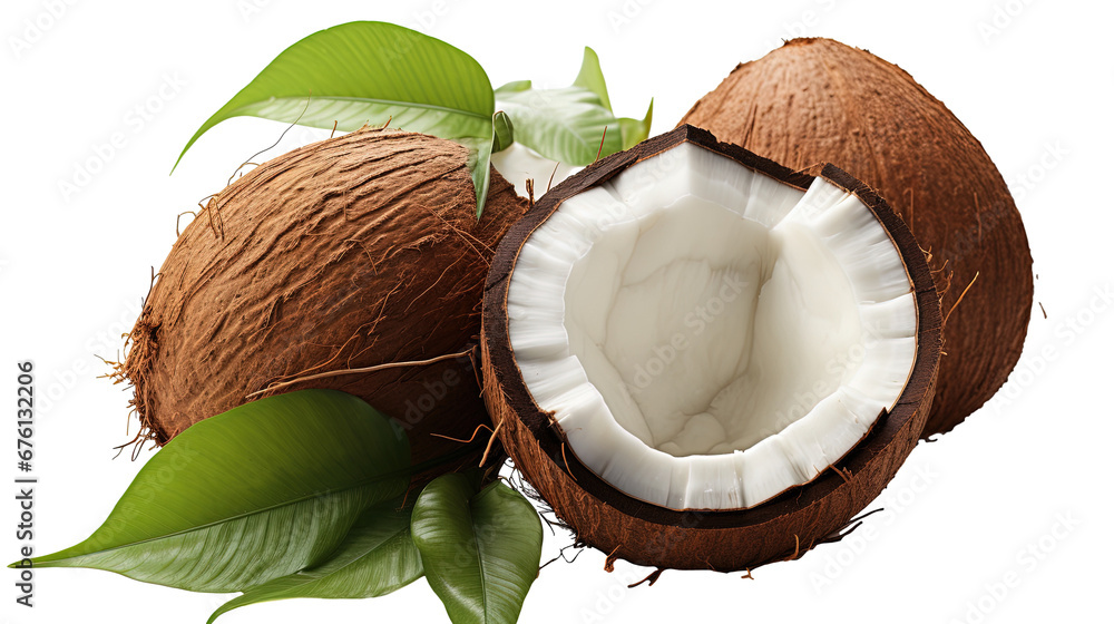 A Whole and a Half Coconut with Leaves on a transparent Background A Whole and a Half Coconut with Leaves on a transparent Background