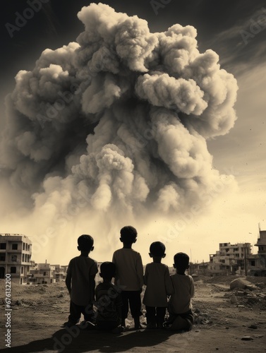 children walking in destroyed city with smoke of detonations in the distance. 