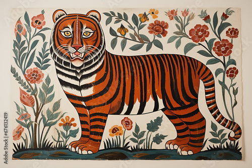 Traditional Madhubani style painting of a tiger on a textured background.