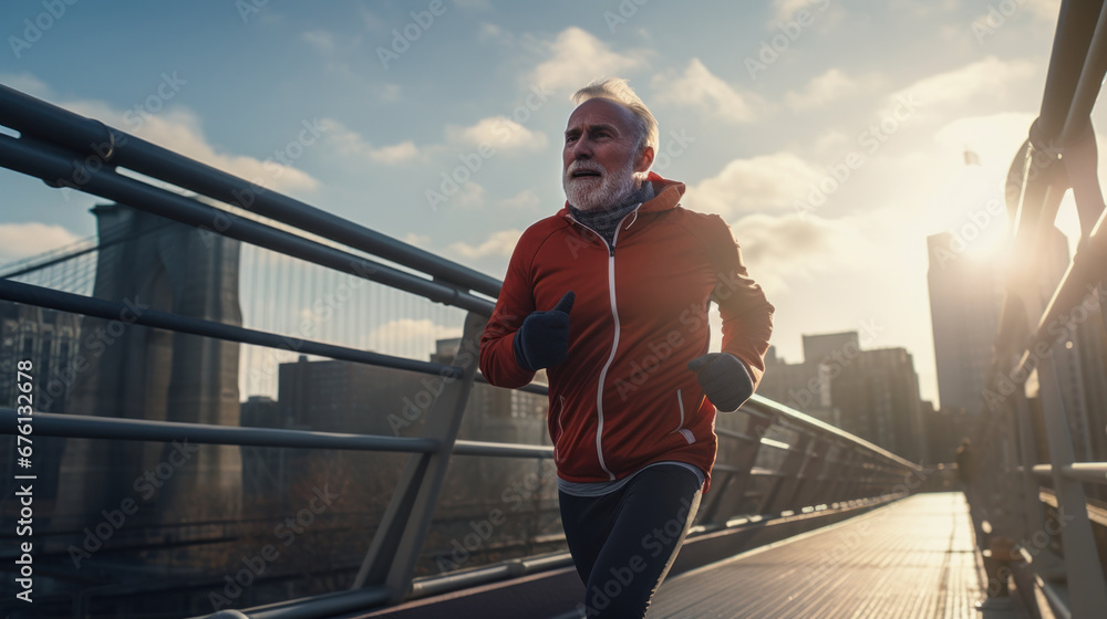 Old man jogging in the morning, health care, hobbies retirement.