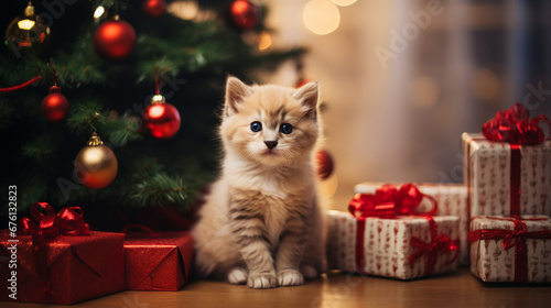 A cute kitten sits under an illuminated Christmas tree.