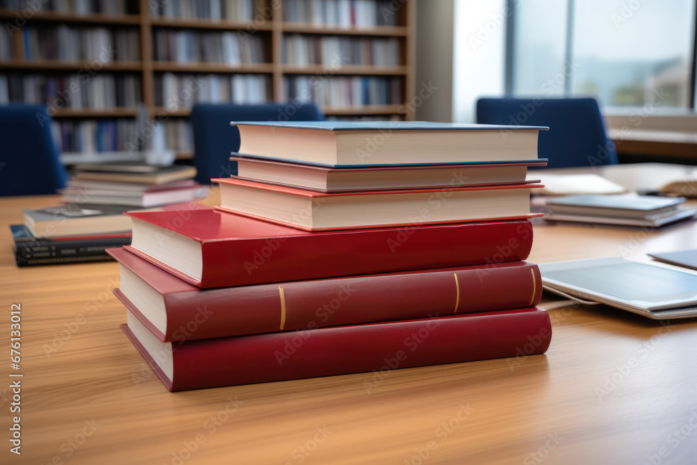 A stack of books on a desk, including one about mortgages, indicating research and education. Concept of mortgage knowledge and preparation. Generative Ai. A stack of books on a desk, including one about mortgages, indicating research and education. Concept of mortgage knowledge and preparation. Generative Ai.